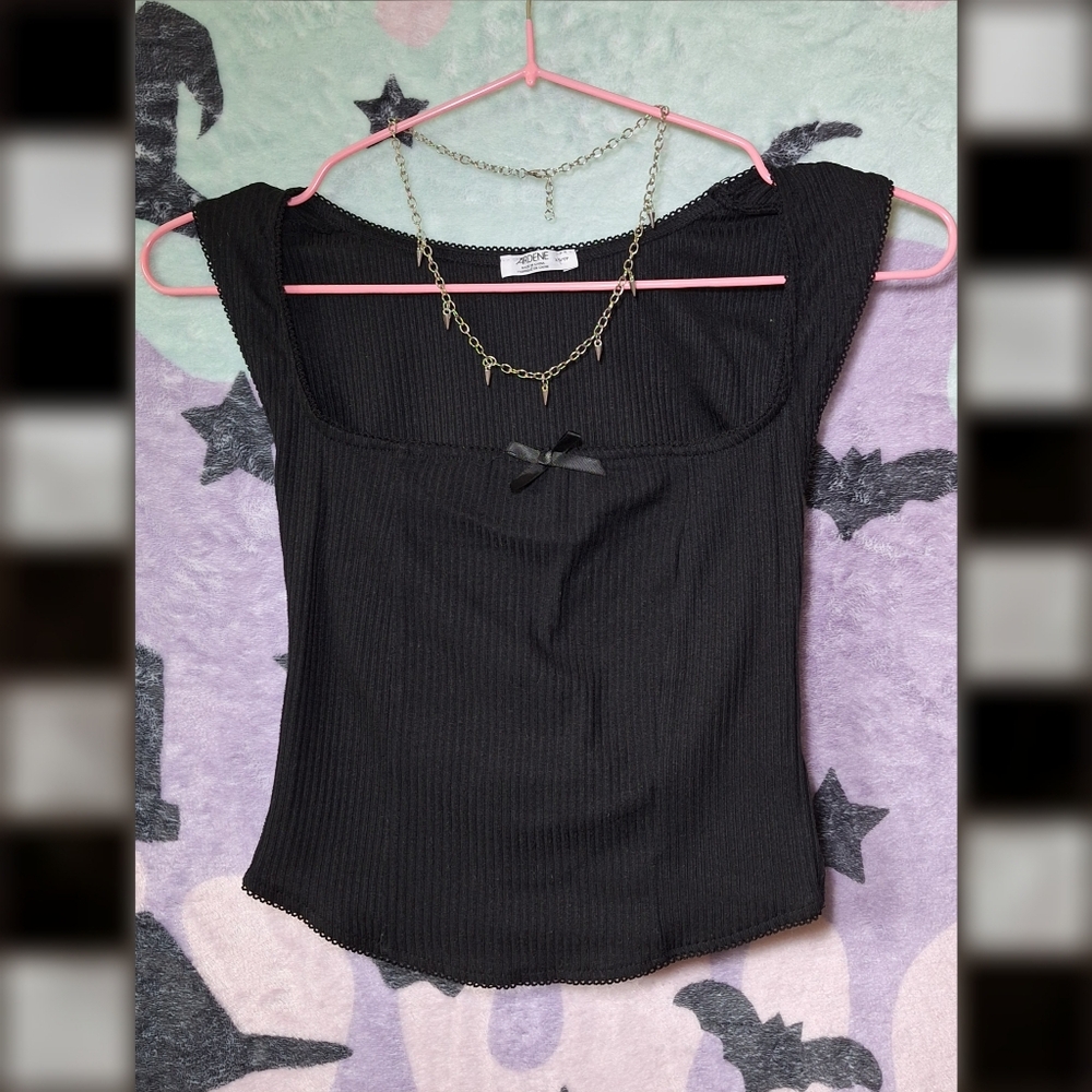 Black Goth Blouse - Bow, Lace - XS Goth Baddie Alternative